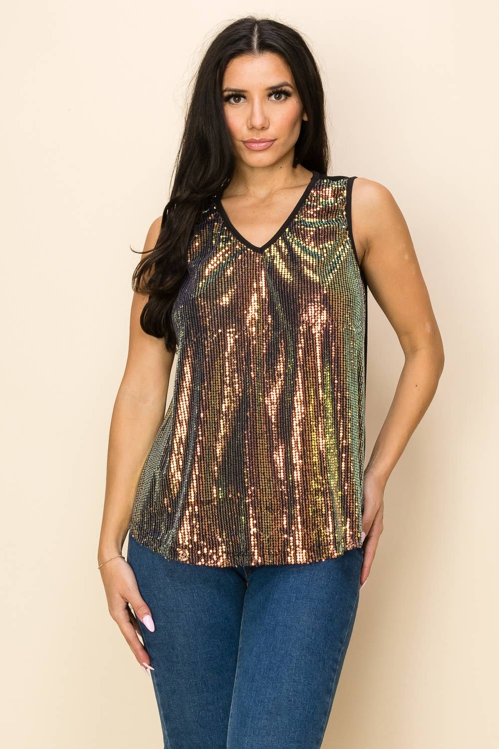 MULTI Tanktop met pailletten en V-hals, goud, brons voor groothandel op Faire1