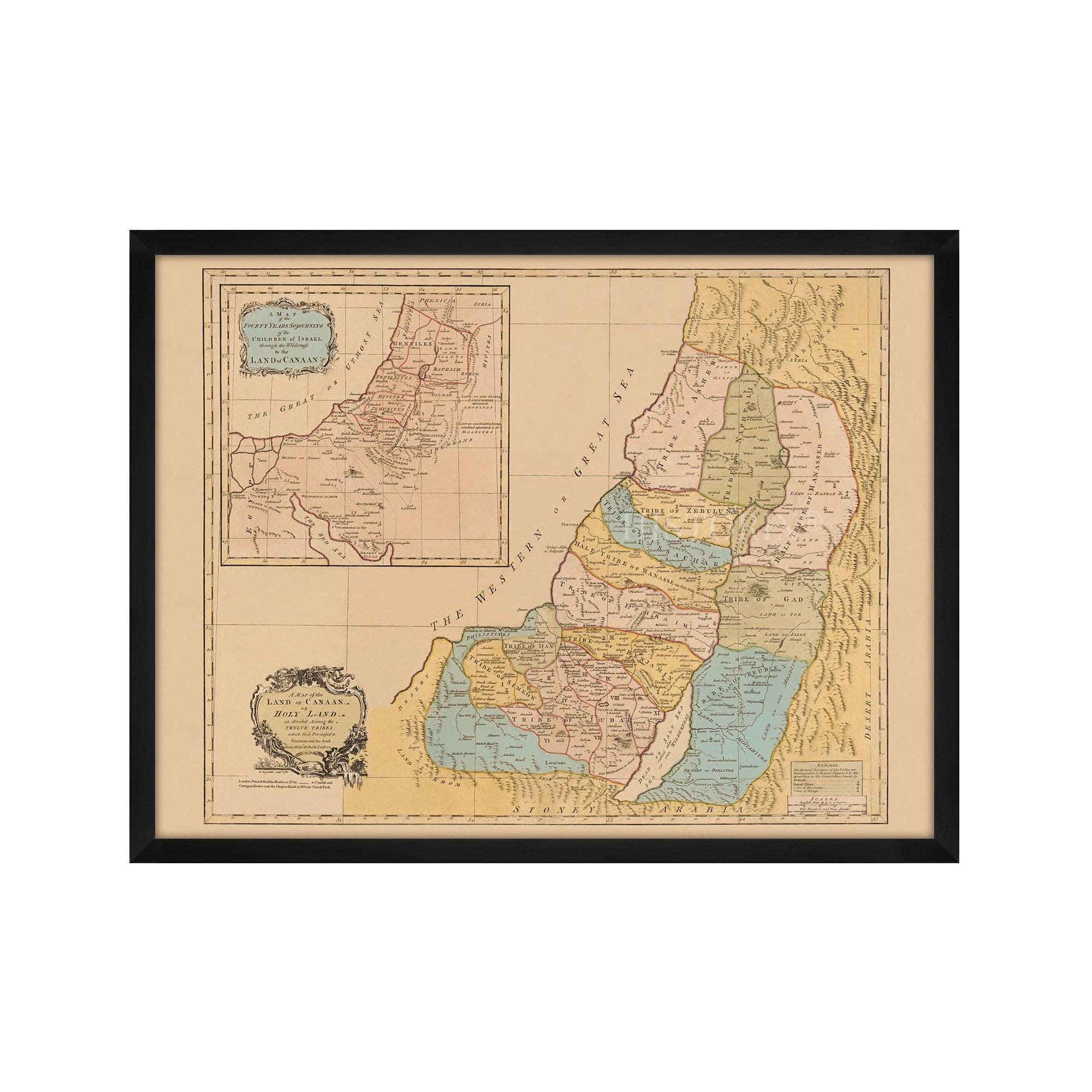 Historic Prints - Wholesale Map - 1760 Land of Canaan Palestine Map - Framed Vintage Holy Land Map Poster - Map of the Holy Land Divided Among Twelve Tribes God Promised To Abraham2