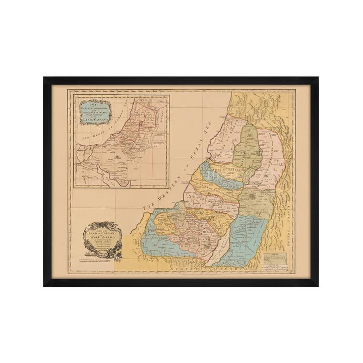 Historic Prints - Wholesale Map - 1760 Land of Canaan Palestine Map - Framed Vintage Holy Land Map Poster - Map of the Holy Land Divided Among Twelve Tribes God Promised To Abraham2