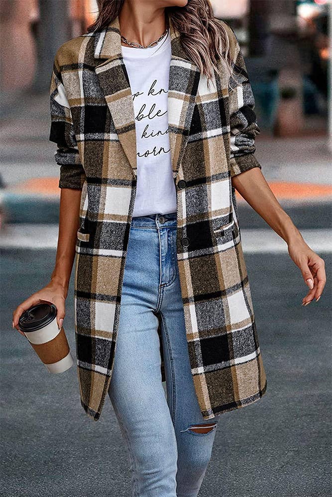 UNISHE - Wholesale Shirt Jacket/Shacket - Women's - Lapel Pockets Plaid Long Shacket Coat ZZKF4271