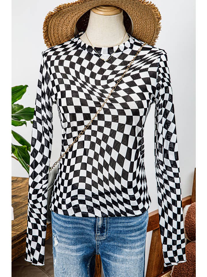 fashionworks - Wholesale Blouse - Women's - Western Checkered Pattern Mesh Mock Neck Long Sleeve Top7
