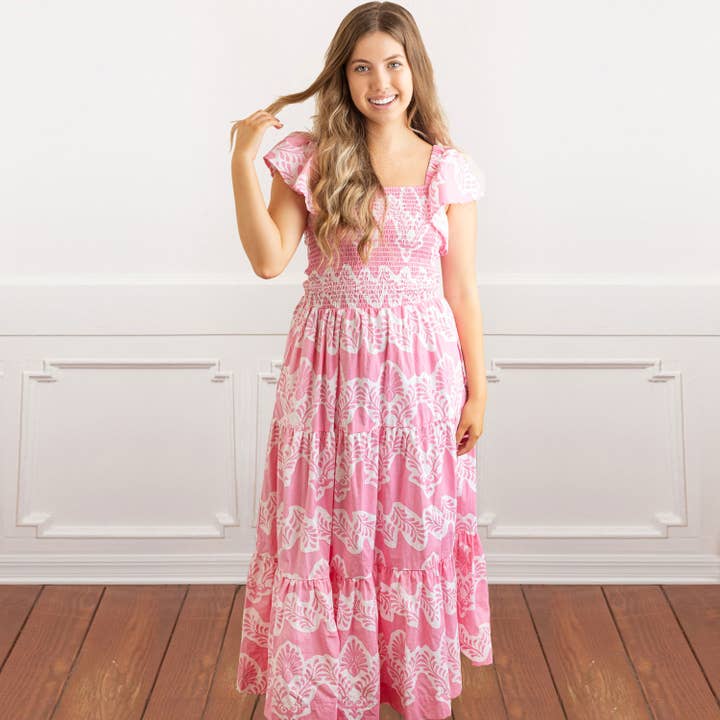 Vestido rosa moderno con mangas onduladas fruncidas para venta al por mayor de 8 Oak Lane