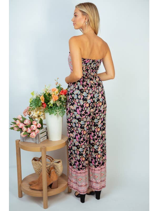 Black JP50131 Sleeveless Floral Print Woven Jumpsuit for wholesale on Faire