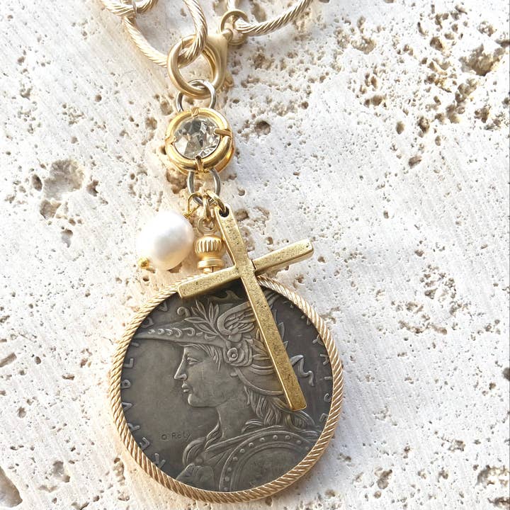 Chunky coin necklace cross matte gold jewelry for wholesale by VB&CO Designs Handmade Jewelry