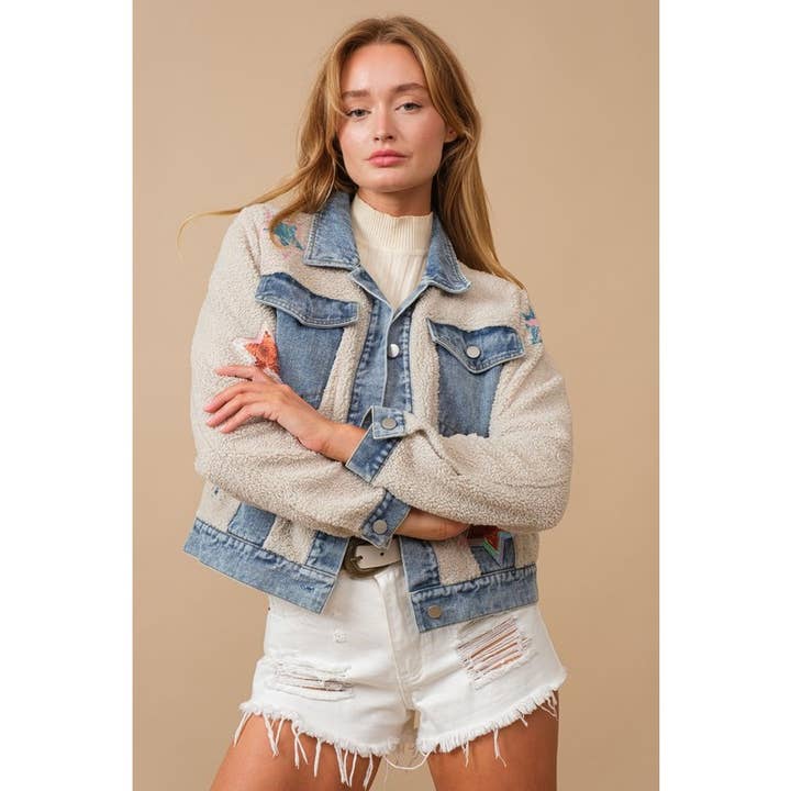 Teddy Denim Contrast Sequin Star Jacket for wholesale by Clothing of America