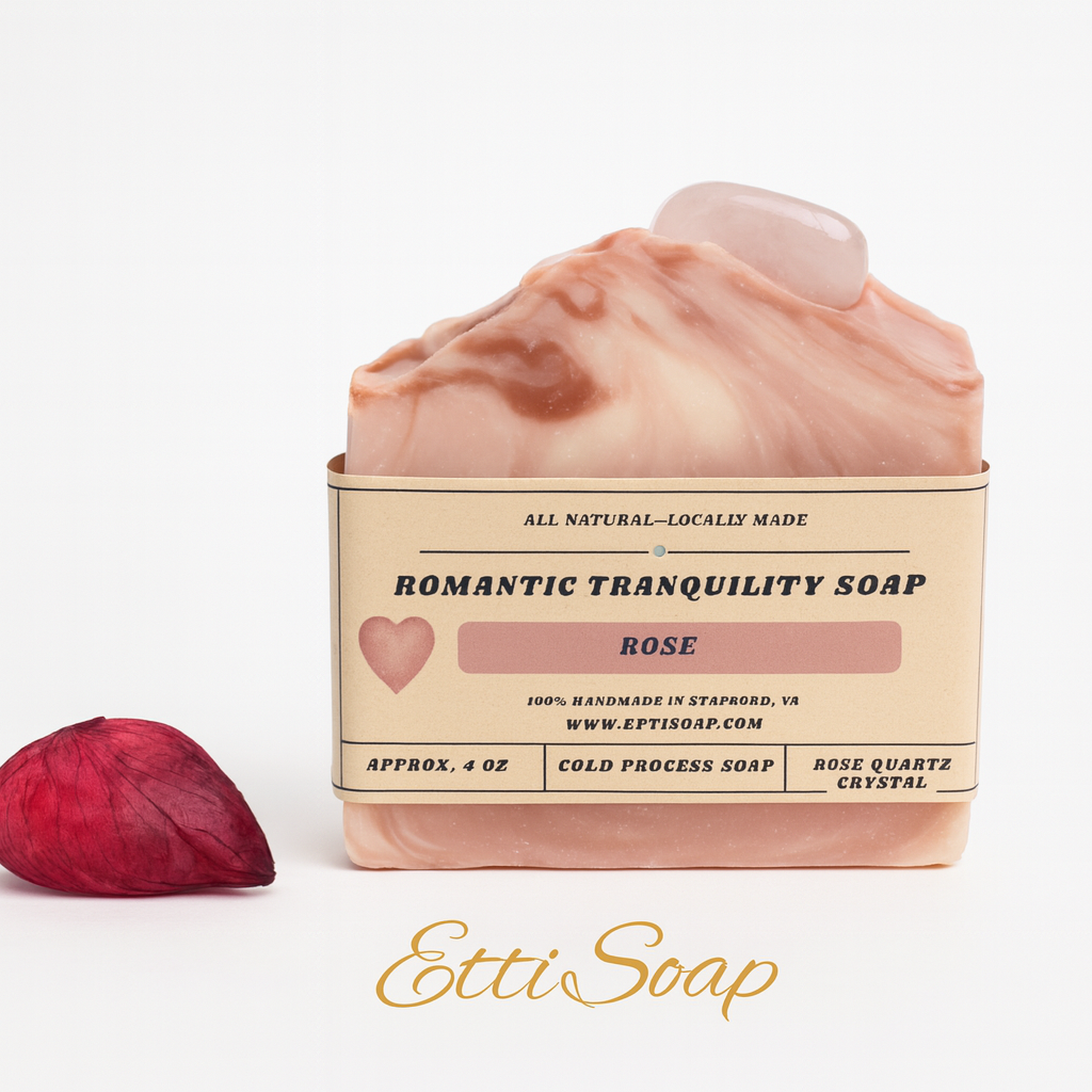 Etti Soap LLC - Wholesale Bar Soap - Romantic Tranquility Soap – Artisan Rose Soap with Polished Rose Quartz Crystal2