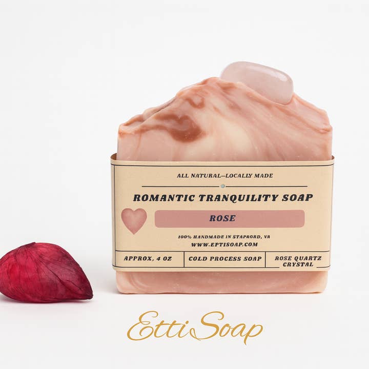 Etti Soap LLC - Wholesale Bar Soap - Romantic Tranquility Soap – Artisan Rose Soap with Polished Rose Quartz Crystal2