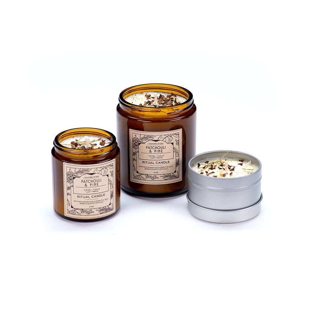 J. Southern Studio - Wholesale Travel Candles - Travel Tin Patchouli & Pine Ritual Candle with crystals and essential oils- 4 oz.2