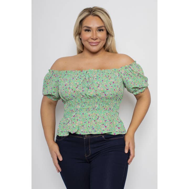 PLUS SIZE FLORAL SMOCKED WAIST OFF SHOULDER TOP for wholesale by Curve Market