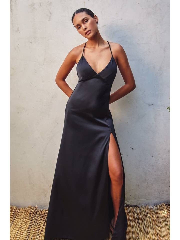 Dress Forum - Wholesale Dress - Women's - Dull Satin Open Back Plunging Maxi Dress