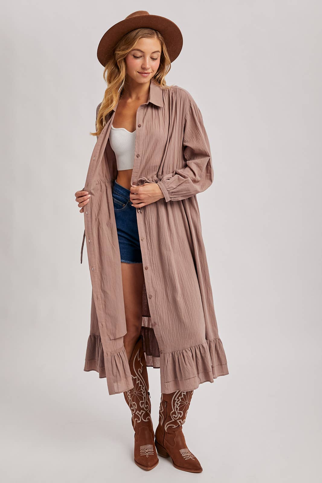 Bluivy - Wholesale Dress - Women's - RUFFLED MIDI OPEN DUSTER OR SHIRT DRESS18