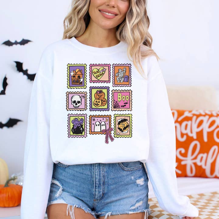 Spooky Stamps Halloween Crewneck Sweatshirt for wholesale by DaisyChainDesignCo