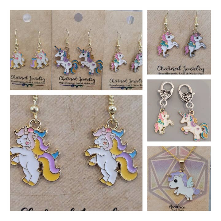 Con-Quest Crafts - Wholesale Jewelry Set - Unicorn & Pegasus Cute Earrings, Necklaces and Zipper Pulls