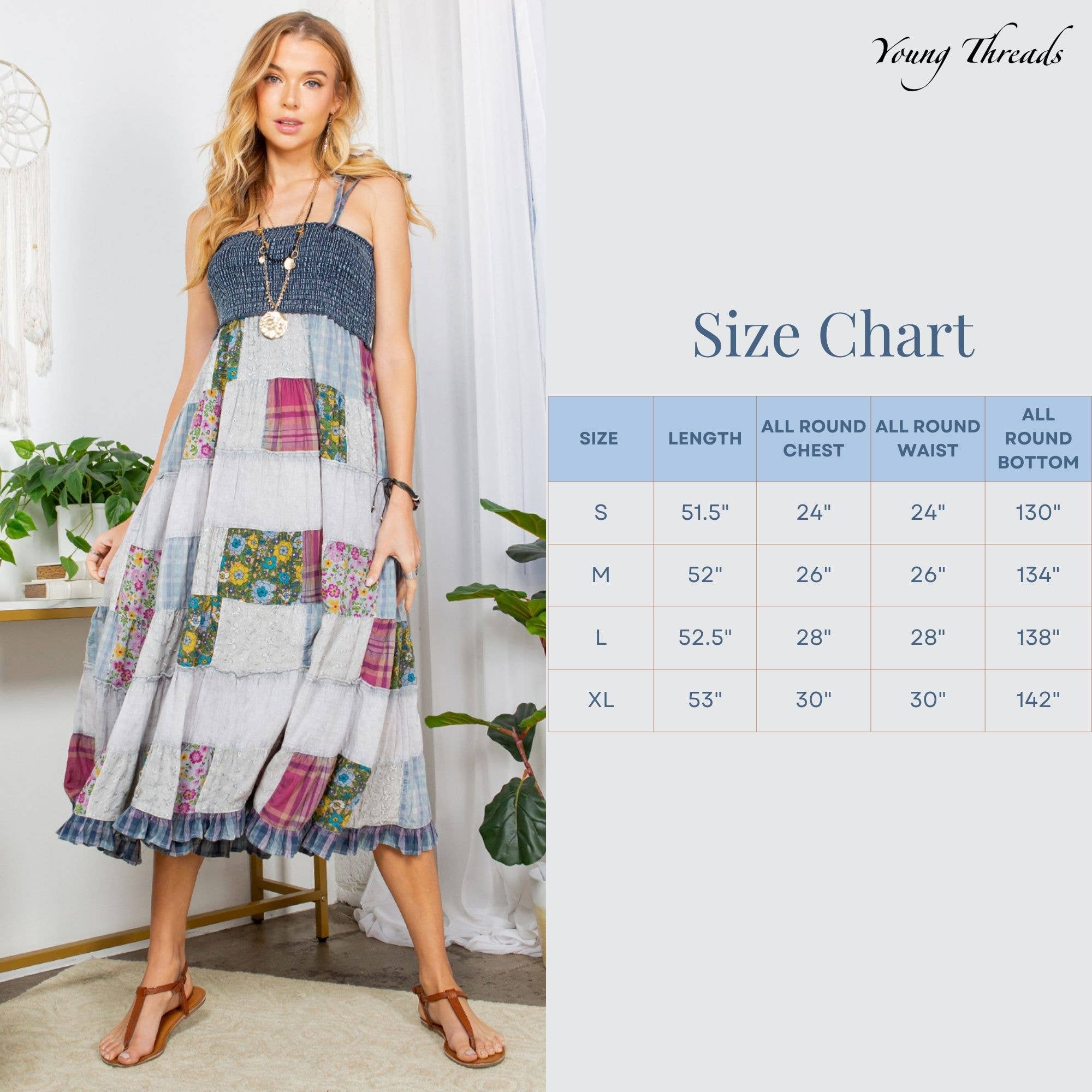 Young Threads - Vendita all'ingrosso Vestito - Donna - Prendisole affumicato patchwork Essential Boho estivo in denim blu10