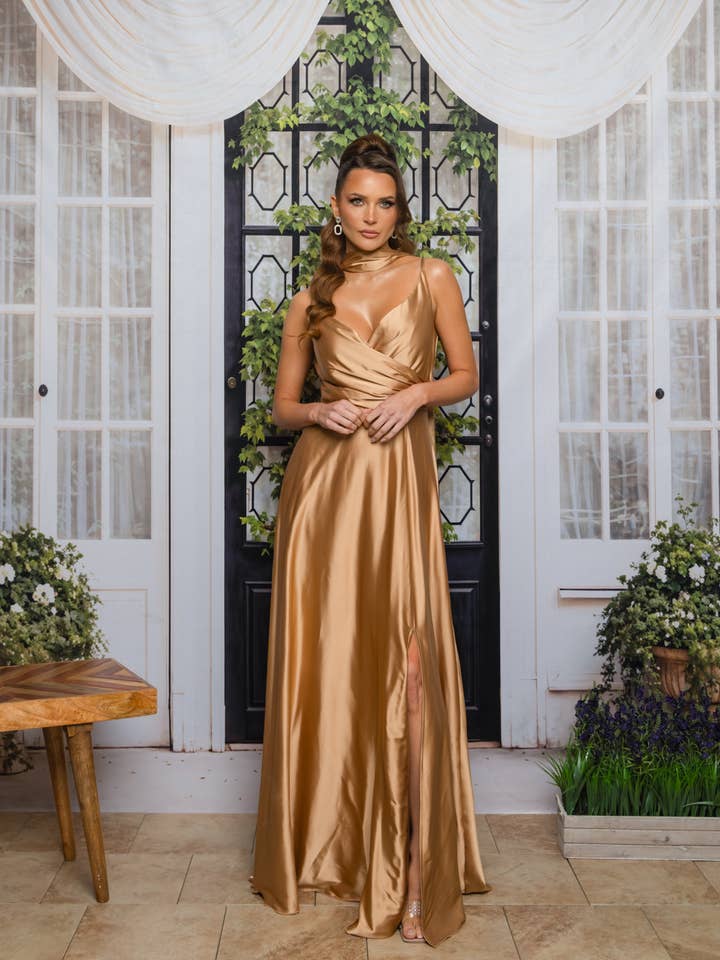 9413A-SOLID COLOR SATIN MAXI DRESS WITH NECK SASH for wholesale by RICARICA INC.