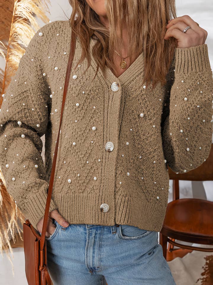 Pearl Embellished Button Front V Neck Sweater Cardigan  for wholesale by 66DISCO