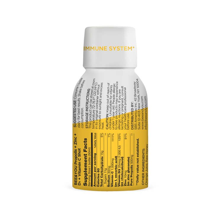 BEE&YOU - Wholesale Oral Supplement/Vitamin - Propolis + Vit D3 + Vit C + Zinc Shot, 1.69oz x 12