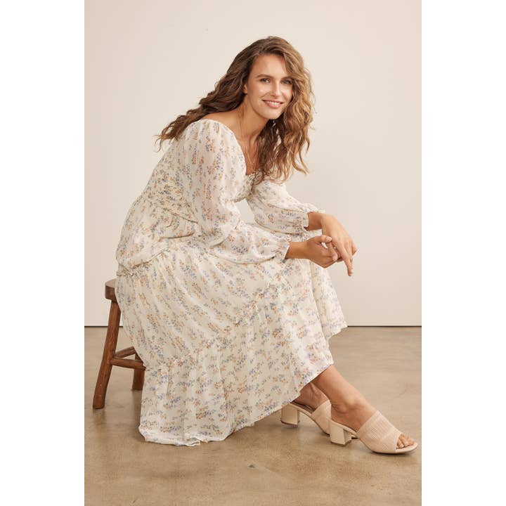 CREAM MULTI FLORAL PRINT SMOKED TIERED MIDI DRESS for wholesale on Faire