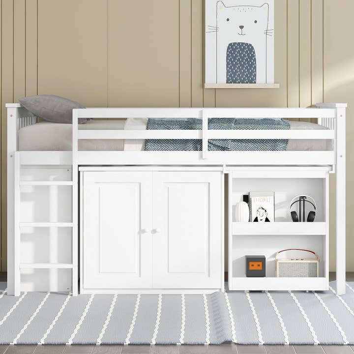 Twin Loft Bed with Storage Cabinet & Pull-Out Desk, White for wholesale by 39F Inc.