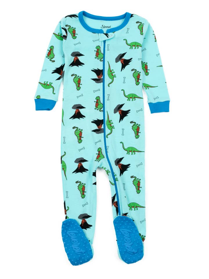 Kids Footed Cotton Pajama Dinosaur Blue for wholesale by Leveret Pajamas