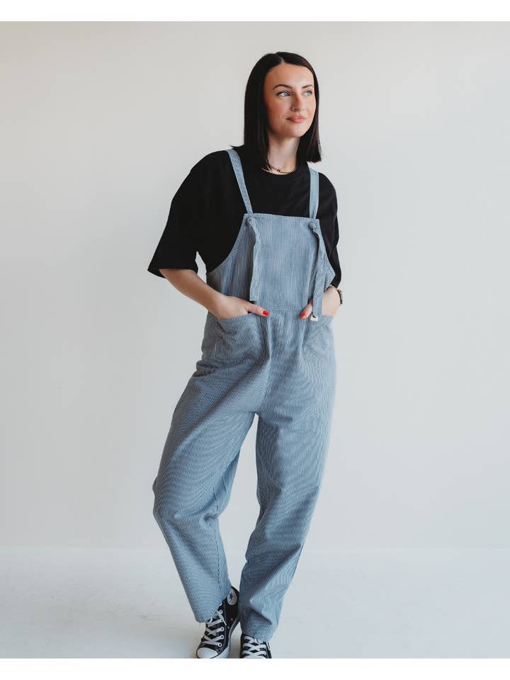 Lila Blue Pinstripe Print Dungarees for wholesale on Faire