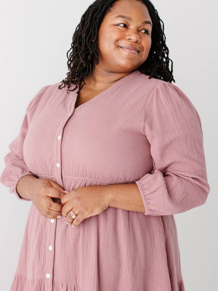 Dusty Mauve 'Louisa' Button Down Tiered Cotton Gauze Midi Dress for wholesale on Faire7
