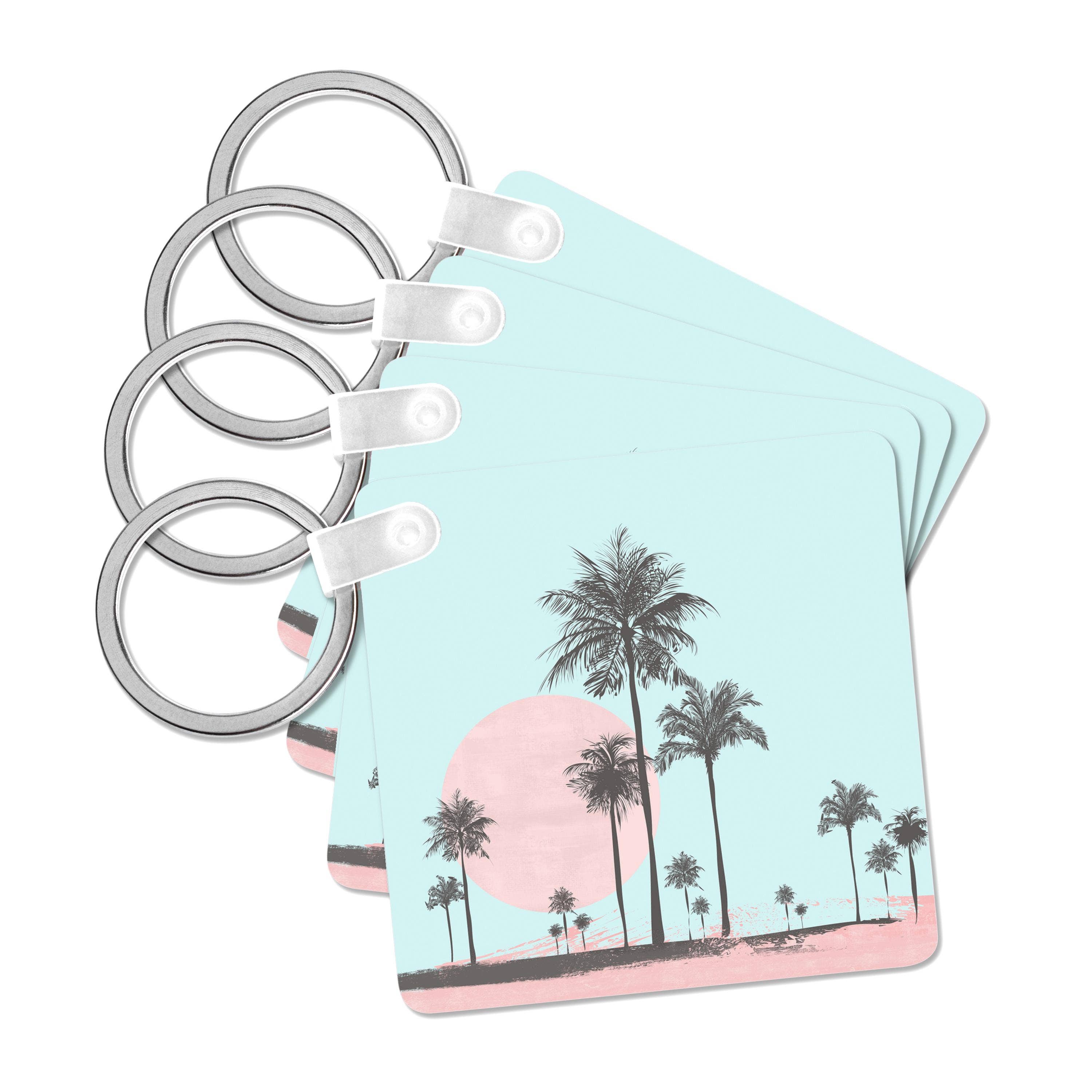 3dRose - Vente Porte-clés – unisexe - 3dRose, Scène de bord de mer aux couleurs pastel avec des palmiers, Porte-clés0