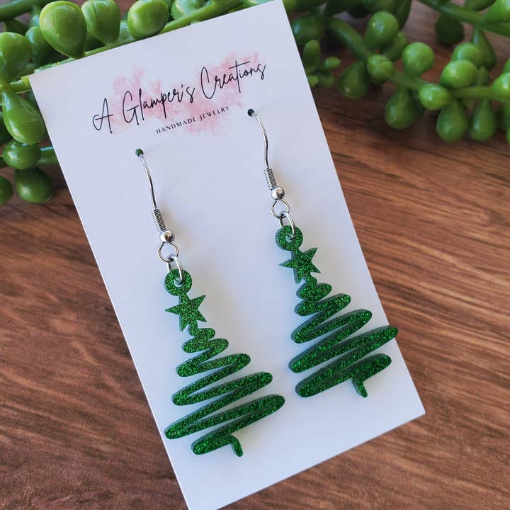 Green Glitter Ribbon Christmas Tree Acrylic Earrings for wholesale by A Glamper's Creations LLC