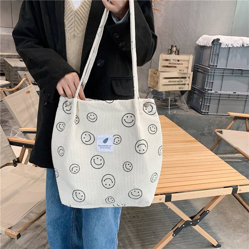 Funkyrel® Atzbranding Limited - Wholesale Tote Bag - Women's - Vintage Corduroy Smiley Face Shoulder Tote Bag9