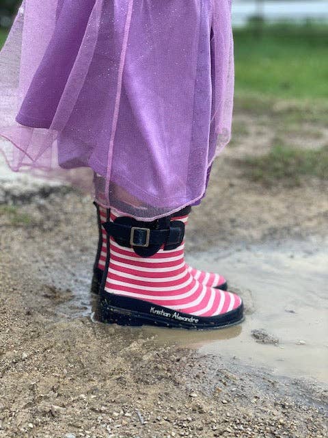 Kristian Alexandre – Botas de chuva - Crianças por atacado – Bota Chuva às Riscas Rosa/Branco