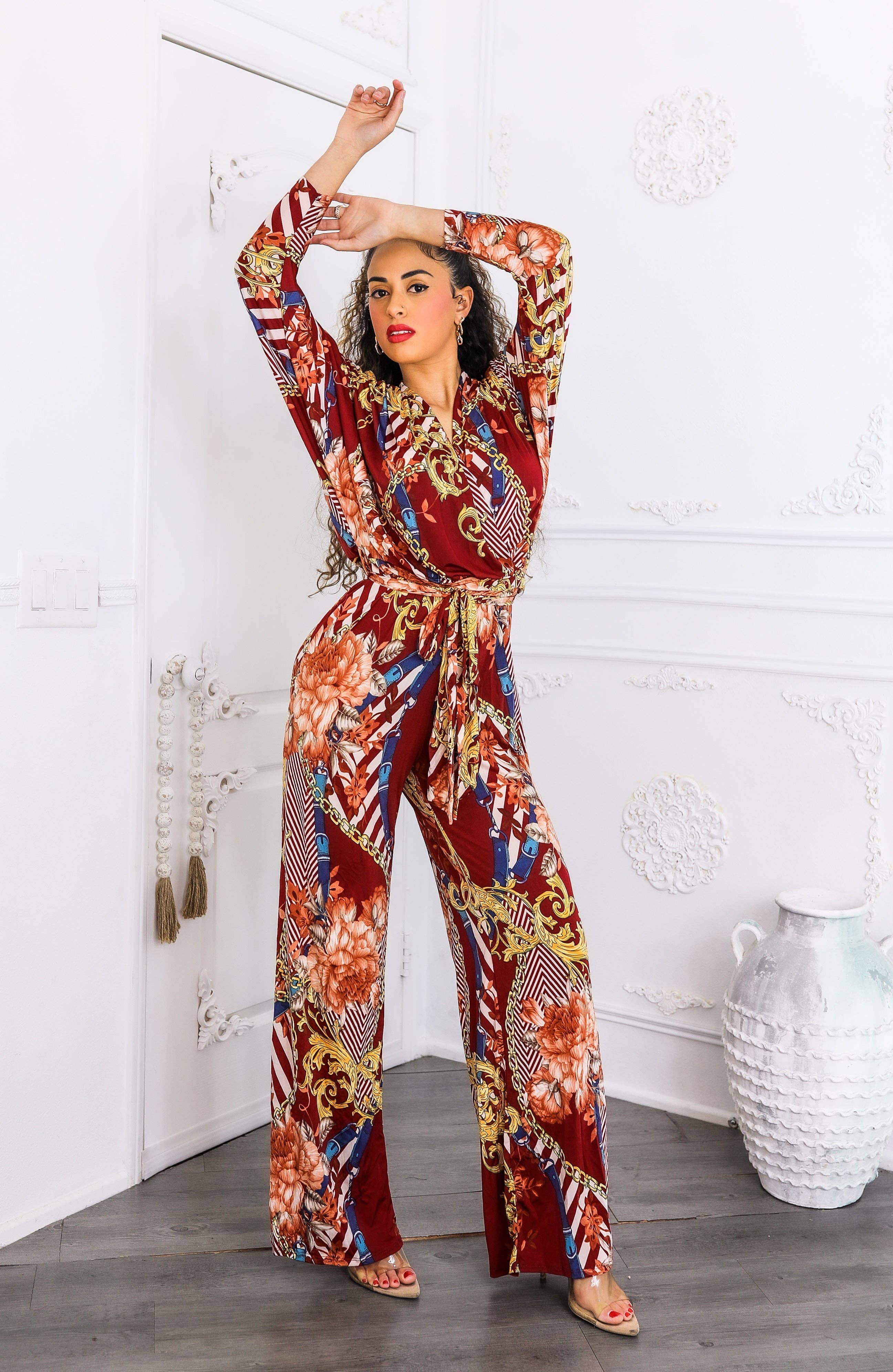 SurelyMine - Wholesale Jumpsuit - Women's - Red Chain Print Wide Leg Jumpsuit | Boho Chic One Piece2