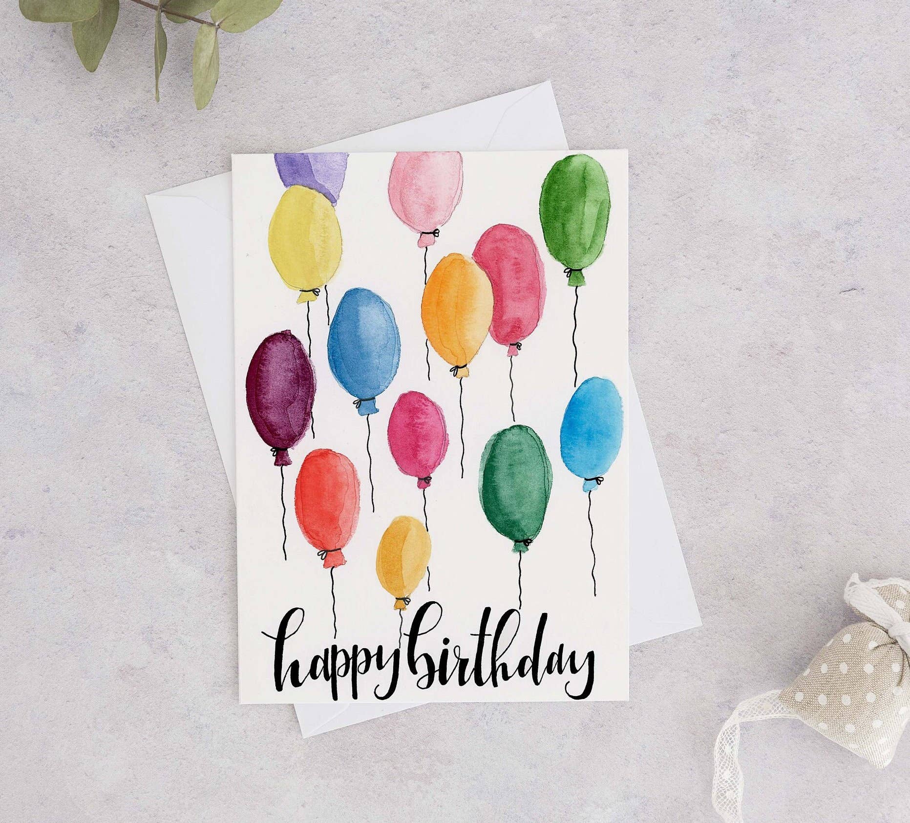 Wild Juniper Art Studio – wholesale Birthday card – Happy Birthday Card, Birthday Card, Watercolour Cards, Watercolour Birthday Card, Balloons, Hand painted Card, Calligraphy