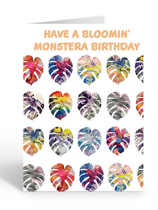 TARJETA DE FELICITACIÓN DE CUMPLEAÑOS CON UNA MONSTERA FLORECIENTE para venta al por mayor de Two Brides Presents
