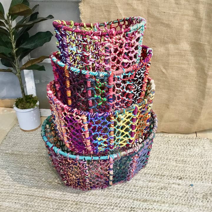 India Handicrafts Inc - Wholesale Basket - Colorful Tall Jute Baskets, Set of 4