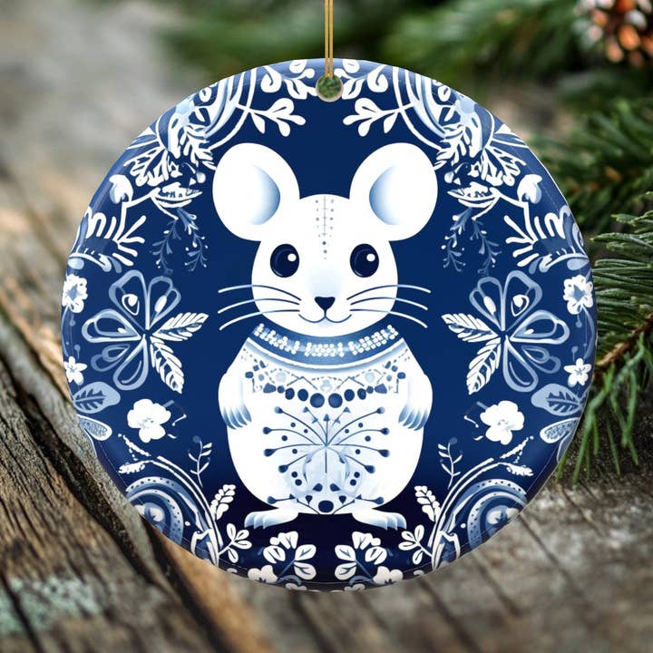 Charming Mouse Porcelain Ornament - Double-Sided Holiday Keepsake -- Scandinavian Style for wholesale by Peeping Tom's Cottage