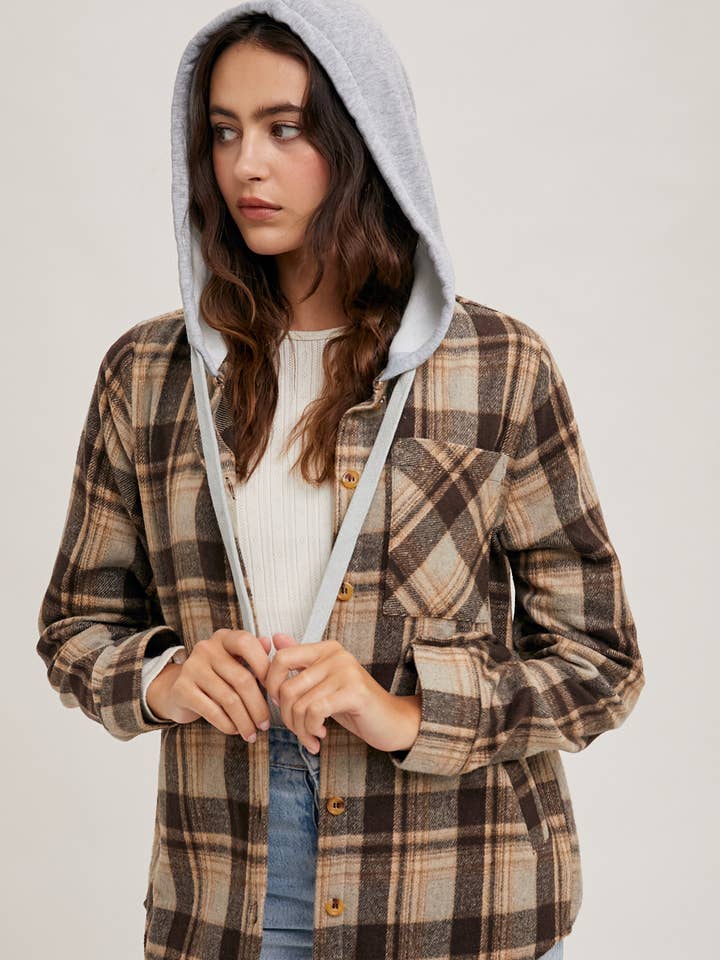 Bluivy – wholesale Shirt Jacket/Shacket - Women’s – HOODED FLANNEL BUTTON FRONT SHIRT JACKET1