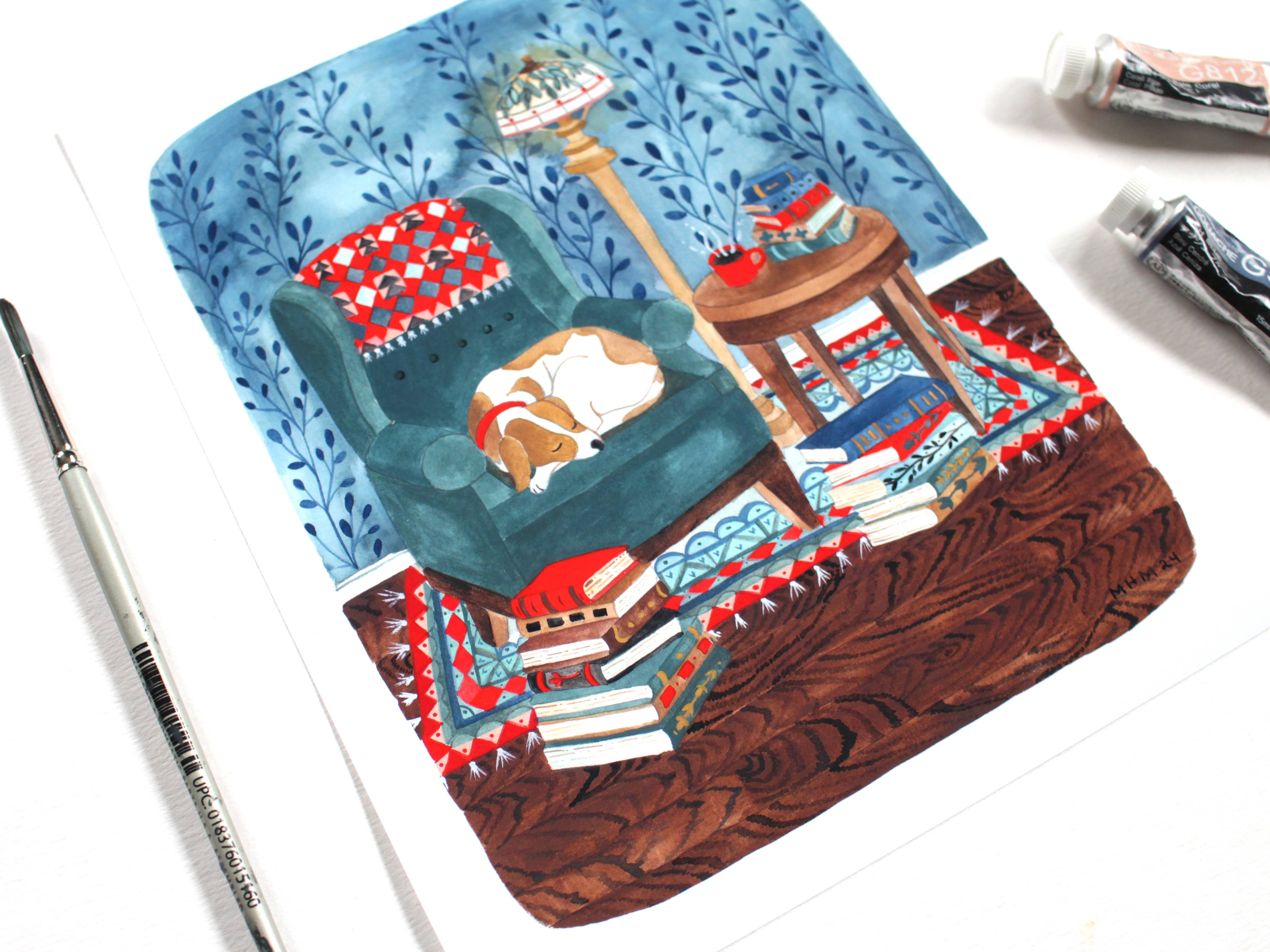 michele maule – Impressão artística por atacado – Impressão 8 x 10" - Cozy Library Dog2