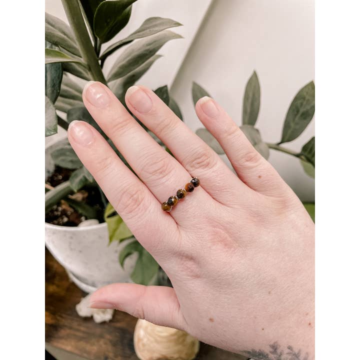 Minimalist Crystal Ring - Tiger's Eye, Adjustable, Stacking for wholesale by Wrapped Up In Jewelry