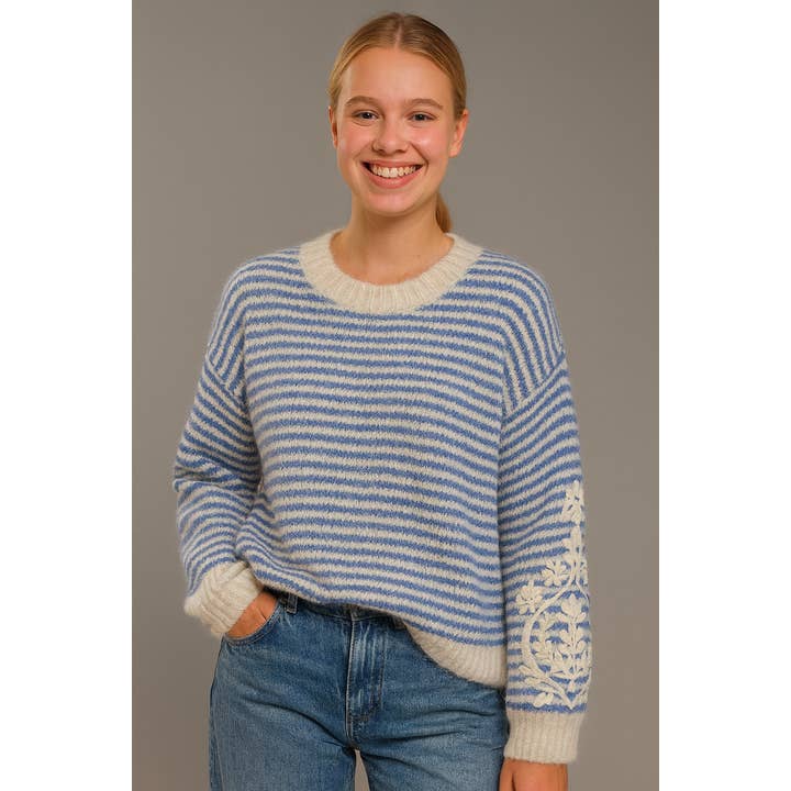🧵 Blue and ecru striped sweater with floral embroidery AP137 for wholesale on Faire1