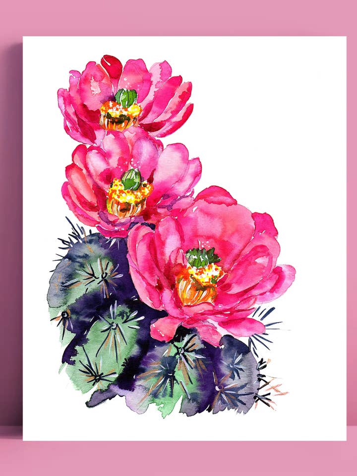 Stampa d'Arte Acquerello Rosa di Cactus Claret Cup Rosa per la vendita all'ingrosso da parte di Pink Puddle Studio