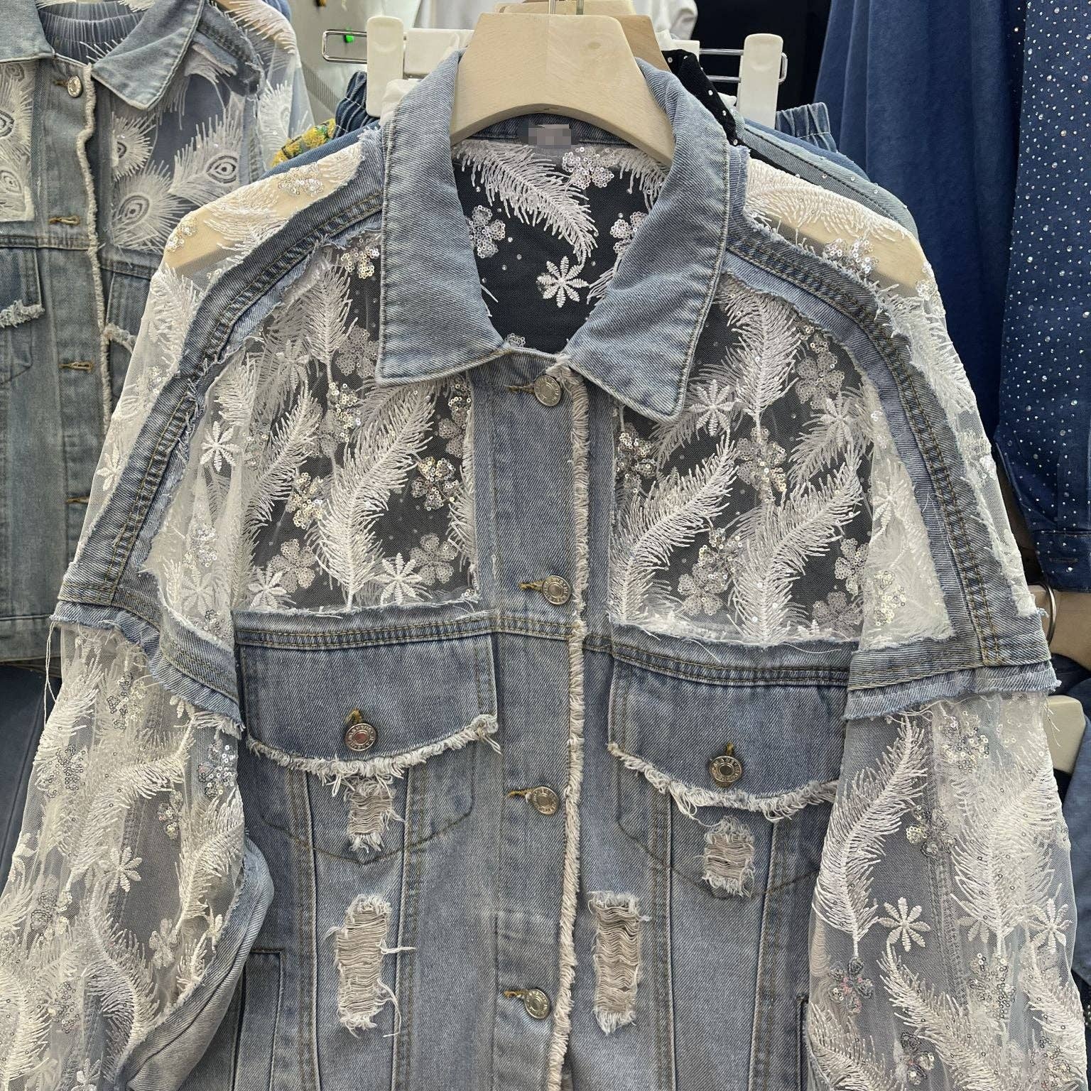 Blue M135 Double-Layer Lace Mesh Embroidered Denim Jacket for wholesale on Faire1