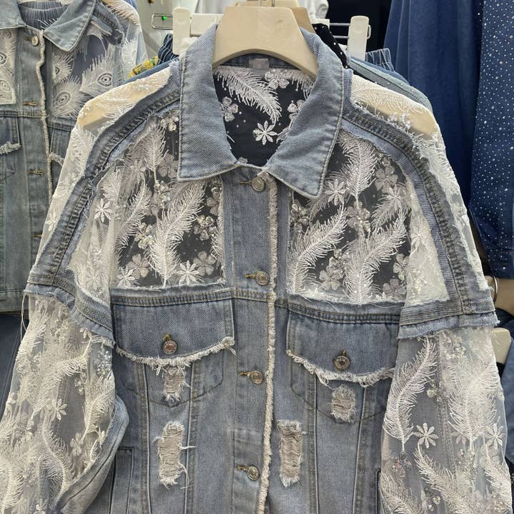 Blue M135 Double-Layer Lace Mesh Embroidered Denim Jacket for wholesale on Faire1