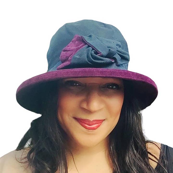 Waxed Navy Rain Hat with Deep Purple Trim & Smart Bow, Zara for wholesale by Peak & Brim Hats
