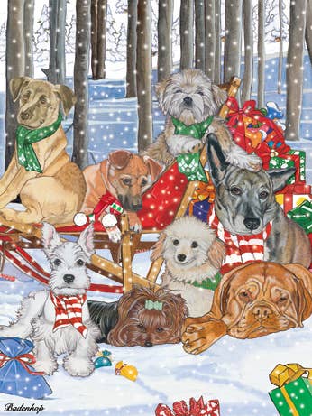 Lot de 10 cartes de Noël Dog Group Sleigh Ride Wonderland pour la vente par Pipsqueak Productions
