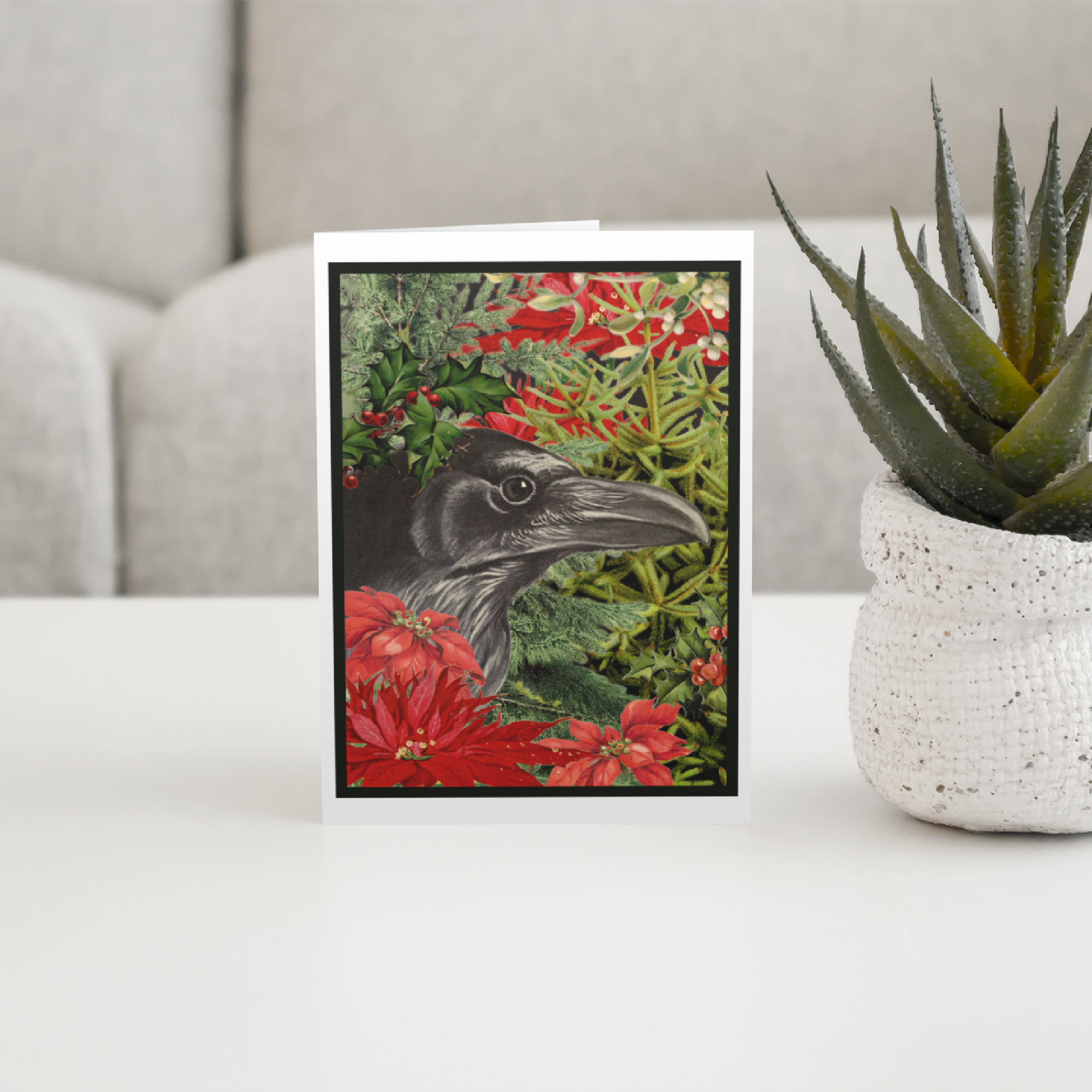 Cheerful Whimsies – wholesale Christmas card – Christmas Card. Vintage Raven in Xmas Greenery.2