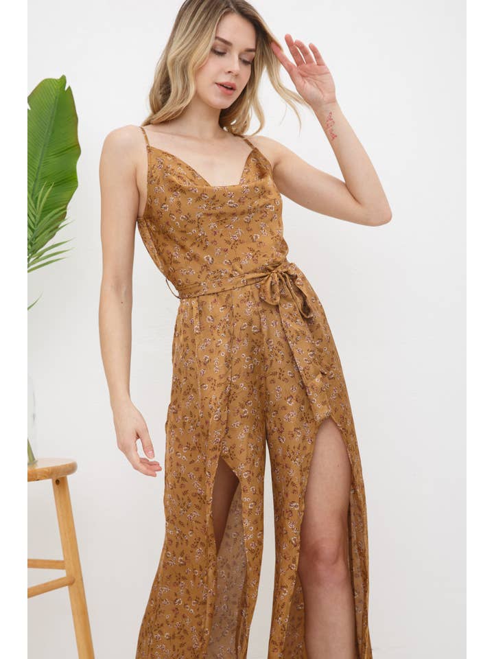 Blue B - Wholesale Jumpsuit - Women's - 31632R - Satin Ditsy Floral Cowl Neck Cami Slit Jumpsuit5