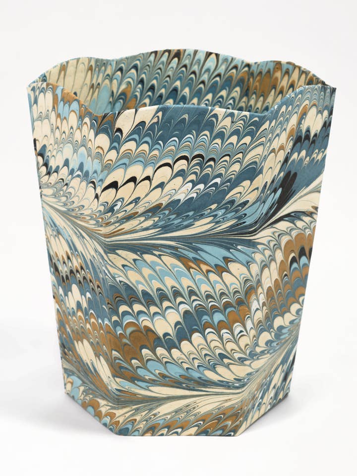 Hand-Marbled Scallop Waste Bin / Storage Bin in Nila Feathers for wholesale by Inner Child