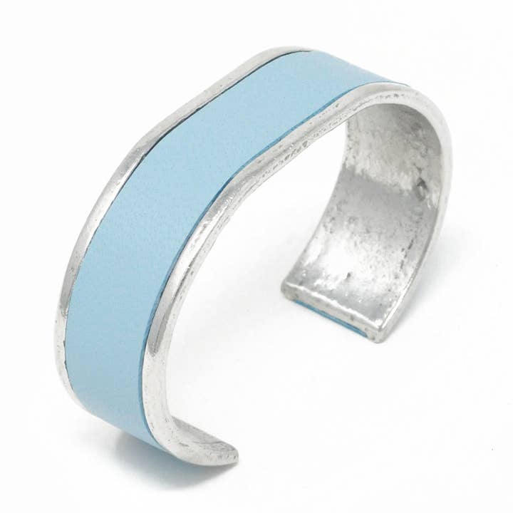 20 Mm Straight End Bangle With Leather Inlay Light Blue for wholesale by Sobo & Co Jewellery