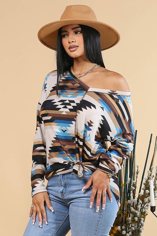 MARRÓN/TURQUESA AV1146-TOP CON DETALLE DE PESPUNTES Y ESTAMPADO AZTECA MEGAN de venta al por mayor en Faire4