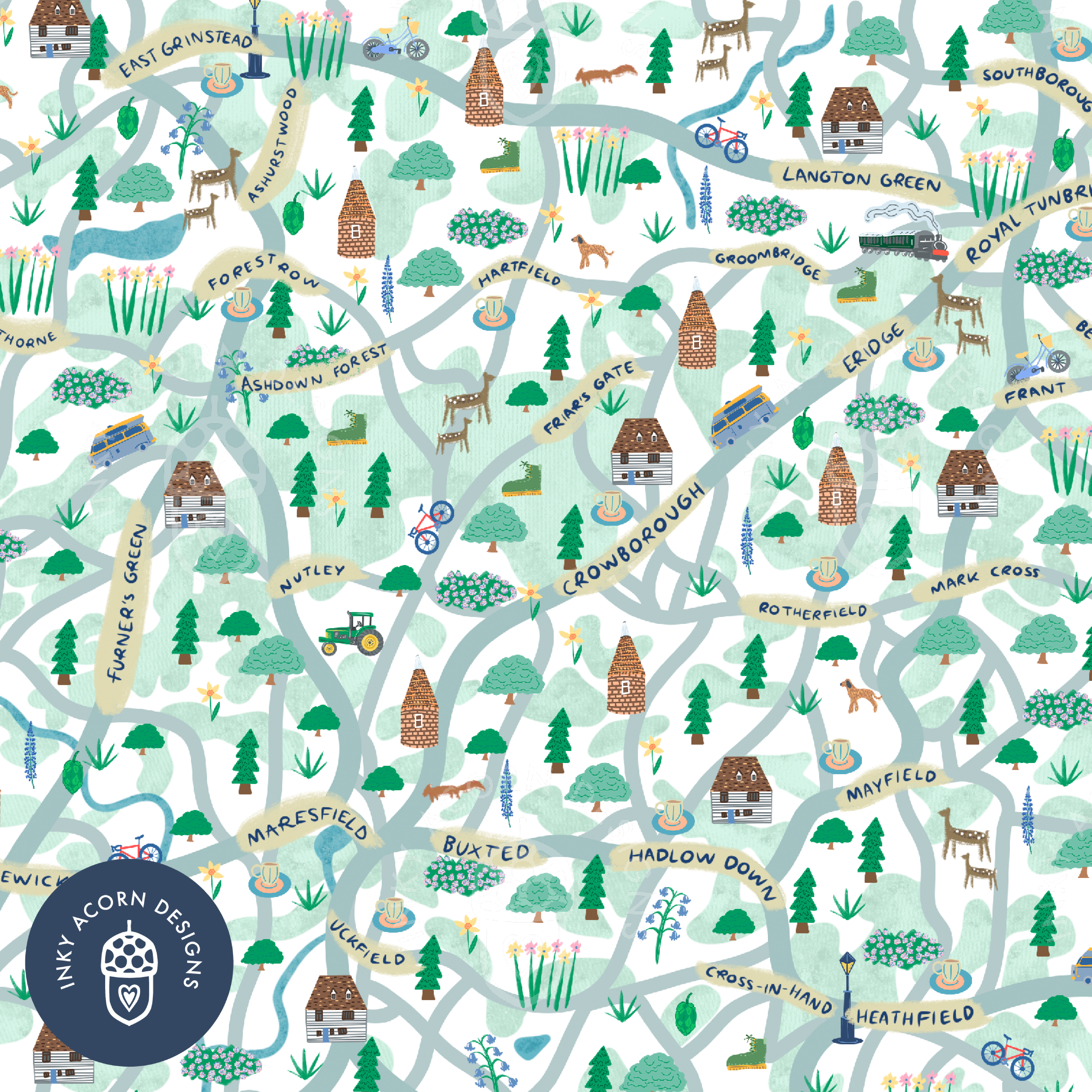 Inky Acorn Designs – wholesale Art print – Wealden Towns & Villages Illustrated Map Signed Art Print3